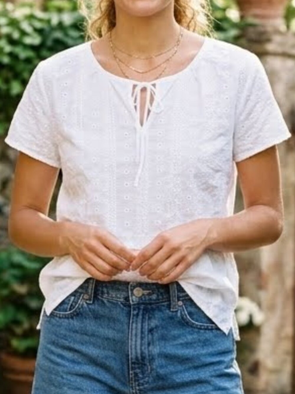 Eddie Bauer White Eyelet Cotton Short Sleeve Cottagecore Blouse Top Size XL